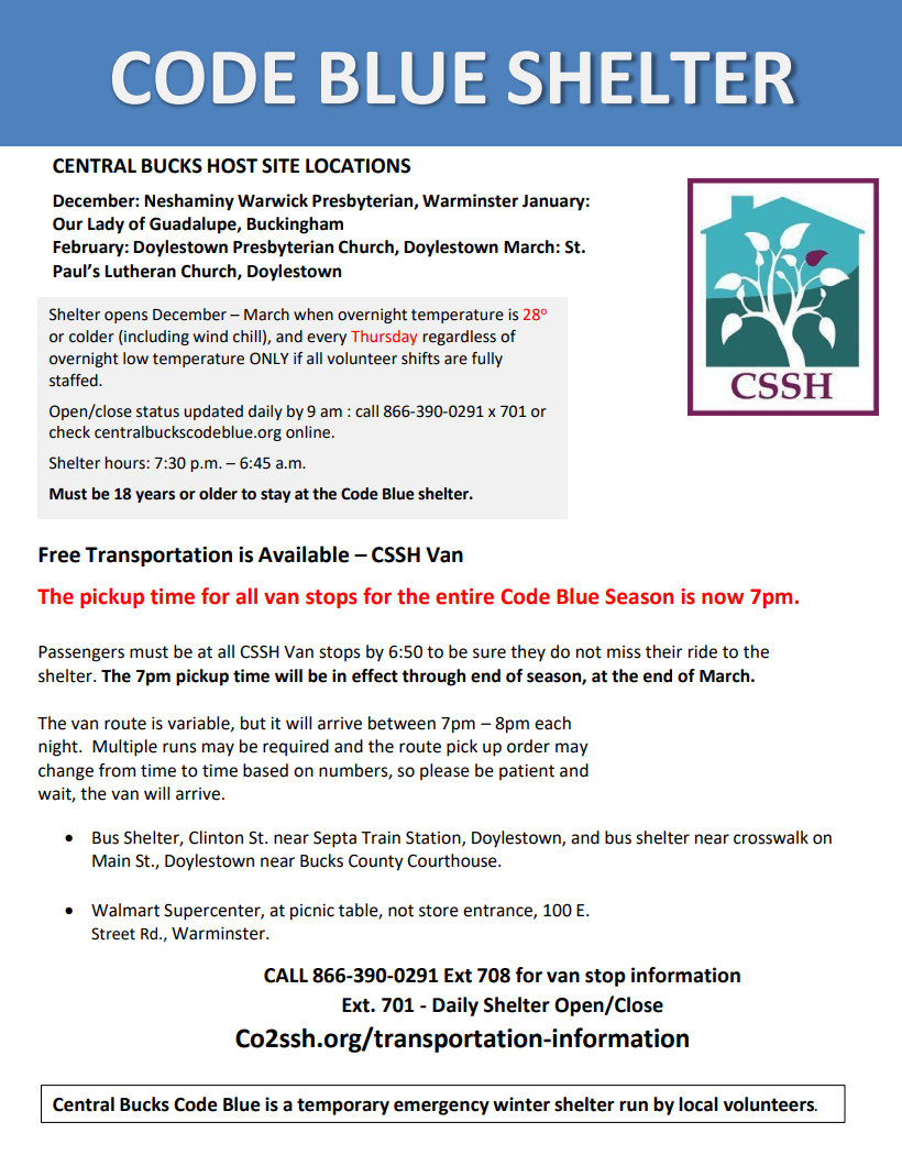 Code Blue Shelter Central Bucks Host Site Locations